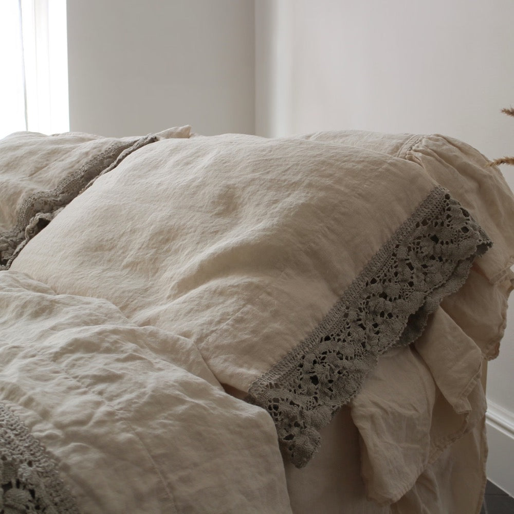 LINEN SHEET with french LACE . Linen upper sheet with french lace