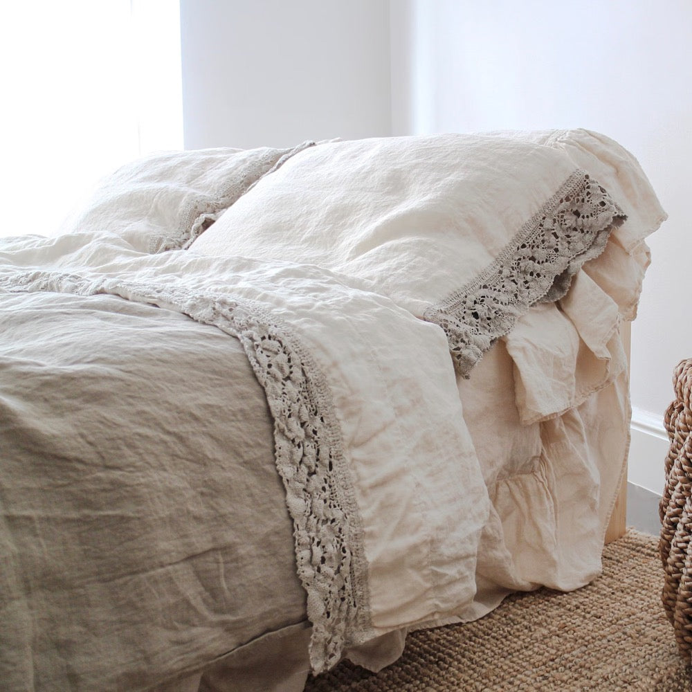 LINEN SHEET with french LACE . Linen upper sheet with french lace