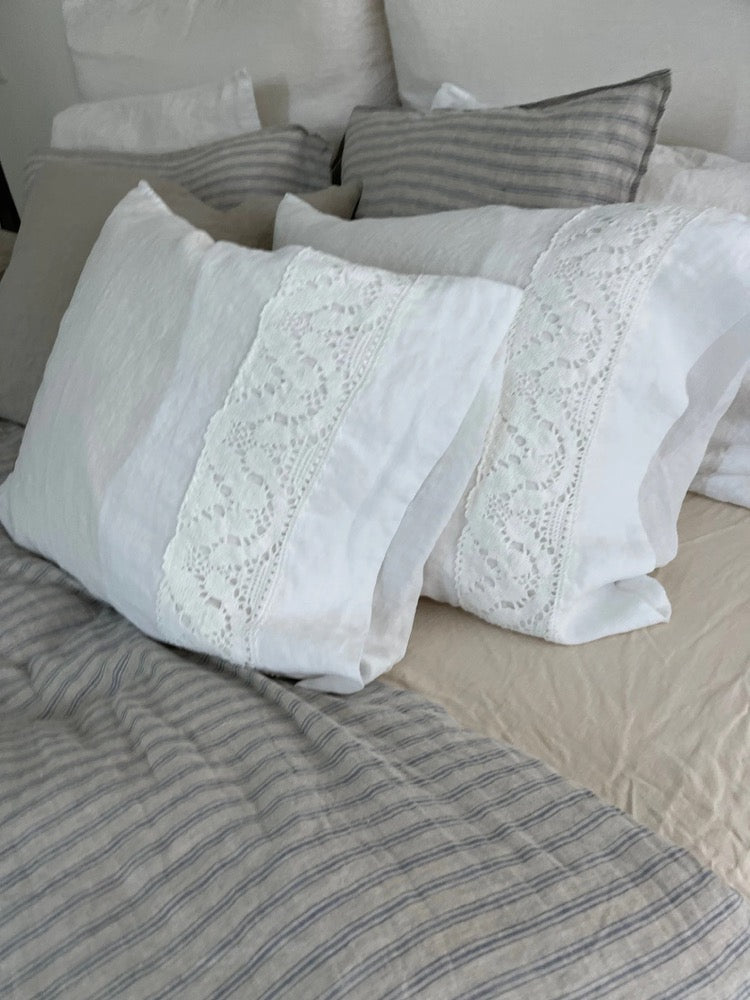 Linen pillowcase with french LACE , housewife pillowcase , standard , queen , king , euro sham