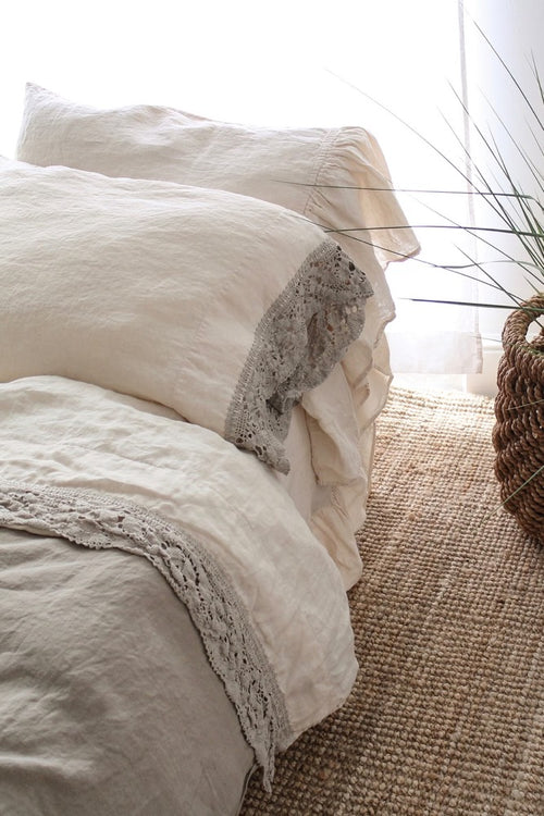 Linen pillowcase with french LACE standard , queen , king , euro sham , body pillow size. Bed