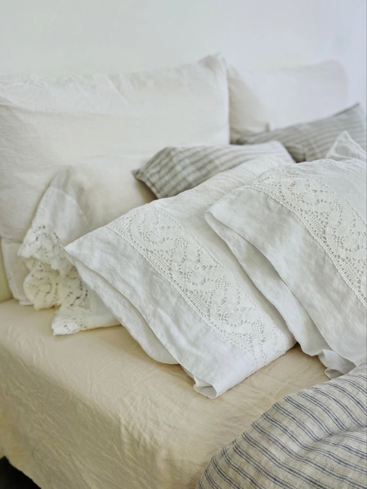 Linen pillowcase with french LACE , housewife pillowcase , standard , queen , king , euro sham