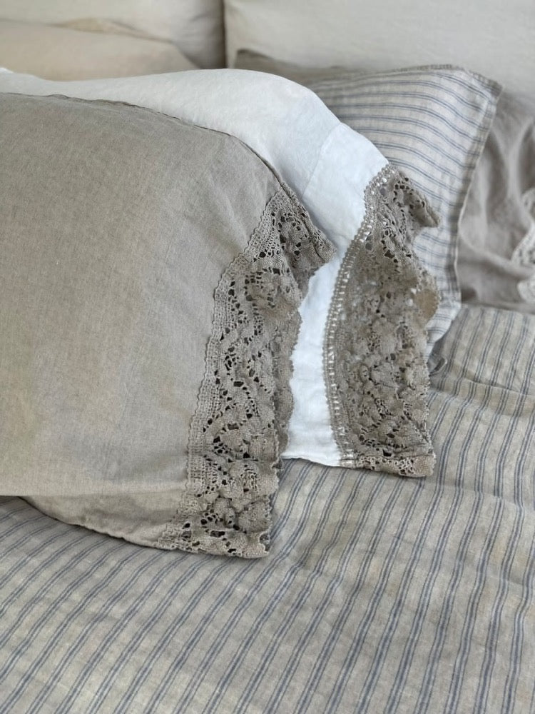 Linen pillowcase with french LACE standard , queen , king , euro sham , body pillow size. Bed