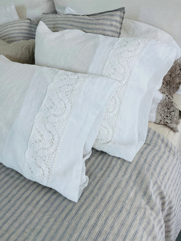 Linen pillowcase with french LACE , housewife pillowcase , standard , queen , king , euro sham