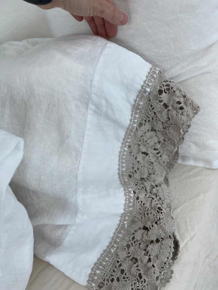 Linen pillowcase with french LACE standard , queen , king , euro sham , body pillow size. Bed