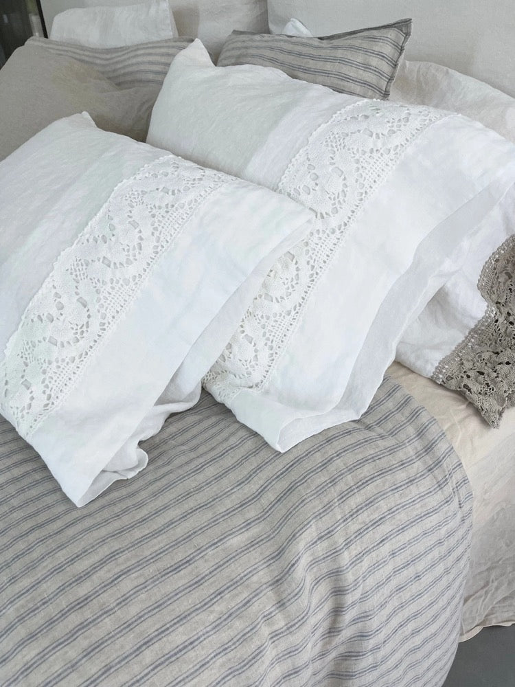 Linen pillowcase with french LACE , housewife pillowcase , standard , queen , king , euro sham